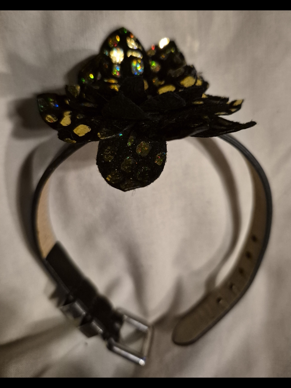 Rustic Cuff Black Floral Bracelet with Iridescent Accents